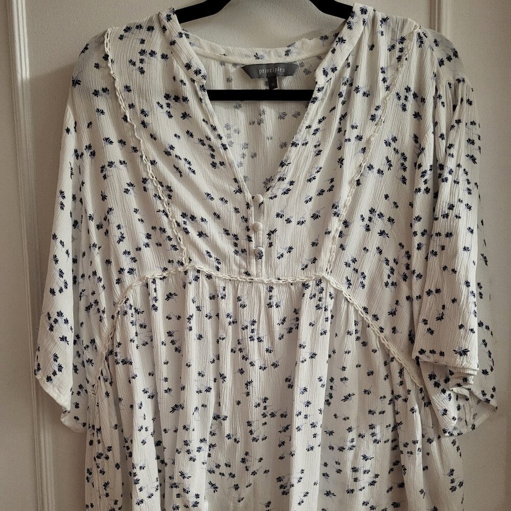 Clearance Principles Boho Floral Peasant Blouse - White & Blue - Size 16